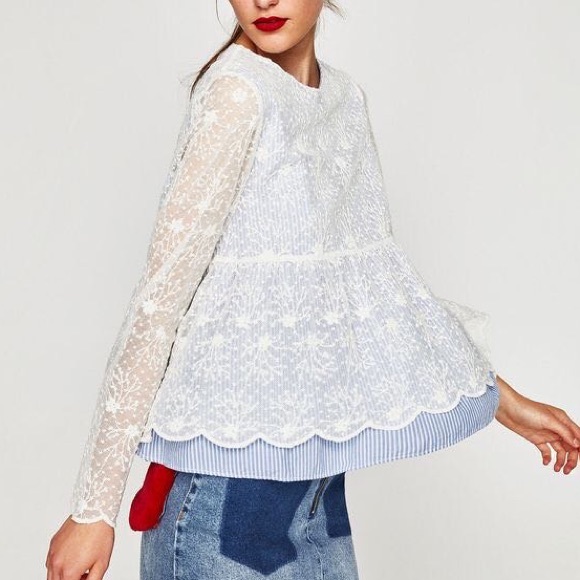 Zara Tops - Zara blue striped peplum top with white lace overlay NWT